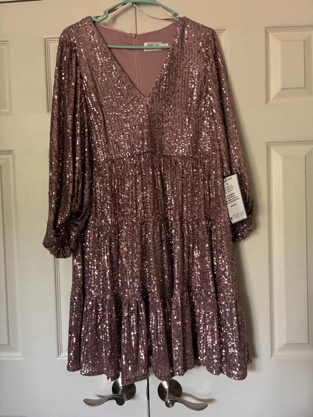 Eliza J Balloon Sleeve Sequin Tiered Skater Dress size 12 Mauve NWT